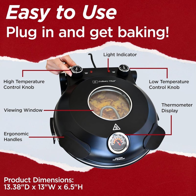 CULINARY CHEF Electric Pizza Oven with Ceramic Stone, Viewing Window, Adjustable Heat Control, Timer and 1200W Baking Power, DIY Homemade Pizzeria, Large 12” Pie Capacity (Black) - Image 5